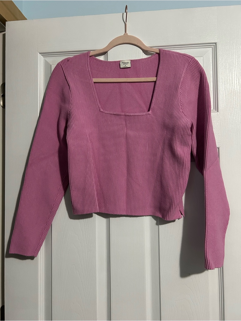 Abercrombie & Fitch Pink Ribbed Square-Neck Cropped Long Sleeve Top